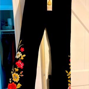 Black Pants with Floral Embroidery